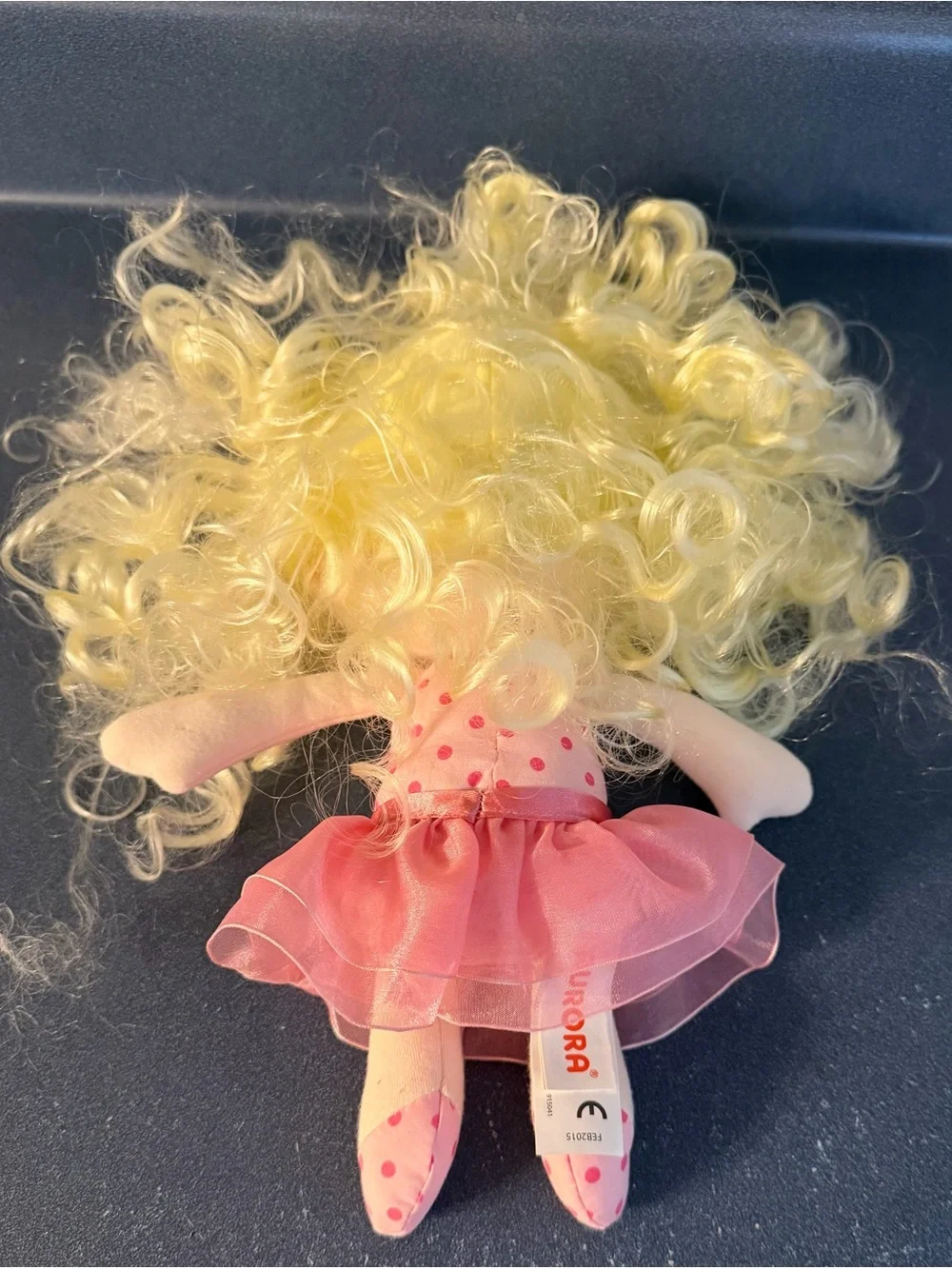 Aurora Plush Doll Blonde Curly Hair Pink Polka Dot Dress Small 10” 2015